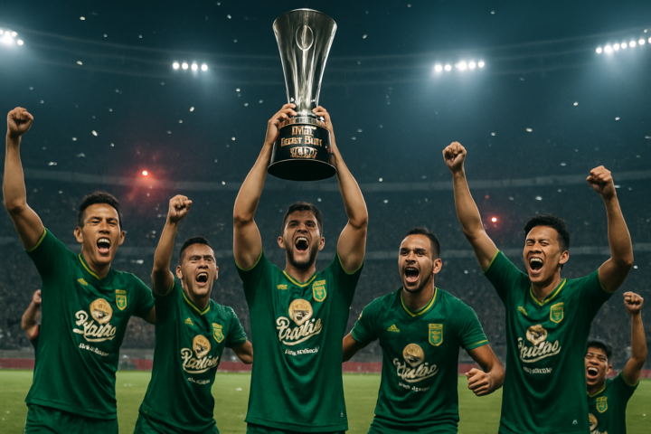 Tim Persebaya Surabaya merayakan kemenangan Piala Presiden 2026 dengan mengangkat trofi di stadion