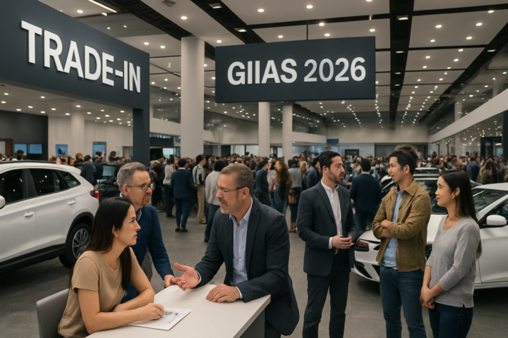 Suasana pameran otomotif GIIAS 2026 dengan kegiatan trade-in mobil dan interaksi antara dealer serta pengunjung