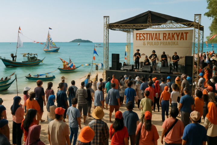 Panggung konser dan atraksi bahari selama Pesta Rakyat di Pulau Pramuka dengan laut biru dan pengunjung menikmati acara