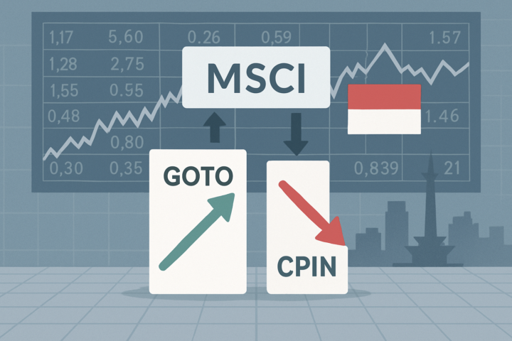 Grafik perubahan saham GOTO dan CPIN dalam rebalancing indeks MSCI di pasar modal Indonesia