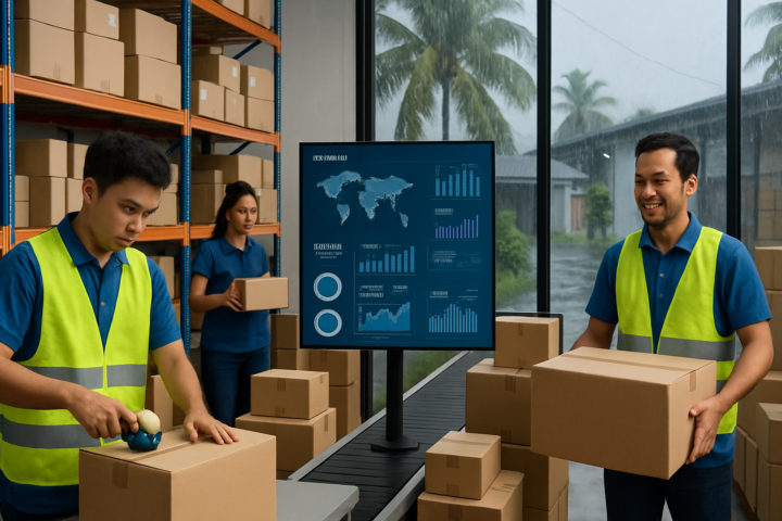 Gudang elektronik modern dengan pekerja dan cuaca hujan di Indonesia
