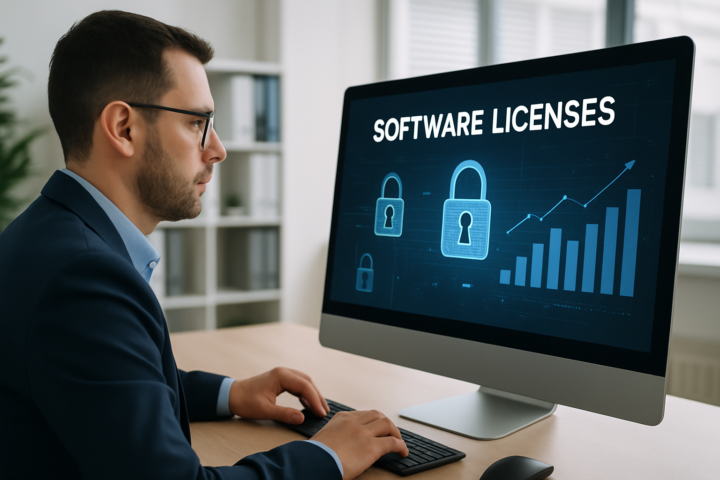 Ilustrasi manajer TI memeriksa lisensi software di layar komputer dalam lingkungan kantor profesional
