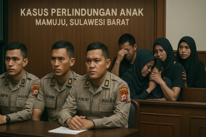 Ilustrasi sidang kasus pemerkosaan anak di Mamuju dengan kehadiran polisi dan keluarga korban