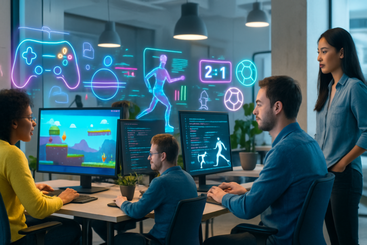 Pengembang startup bekerja pada inovasi game dan teknologi olahraga di kantor modern